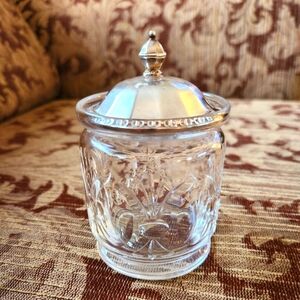 Sterling Silver & Etched Glass Mustard/Marmalade/Condiment Jar With Lid